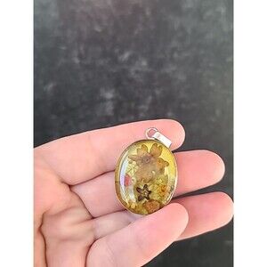 925 Sterling Silver Preserved Real Flowers In Resin Oval Pendant Vintage